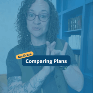 The post has a video thumbnail with blue shading overlaid. The top middle has "Medicare: Comparing Plans” in white text with light blue background, accompanied by a yellow bubble with “Medicare” in blue. In the video: A nonbinary person with long, curly brown hair stands in front of the camera. Behind them is a light brown leather couch and a blue built-in bookshelf wall. They are wearing jeans, a charcoal shirt layered with a forest green vest, and a black bolo tie featuring a gold bee.