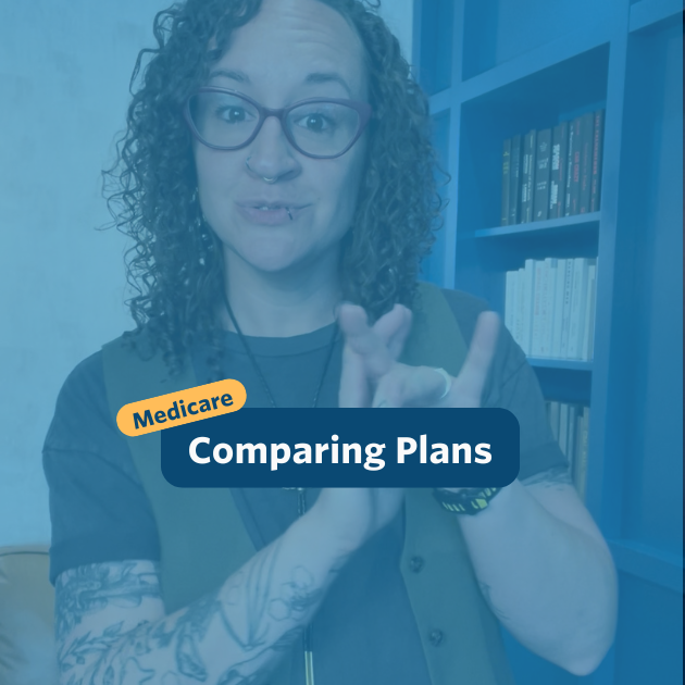 The post has a video thumbnail with blue shading overlaid. The top middle has "Medicare: Comparing Plans” in white text with light blue background, accompanied by a yellow bubble with “Medicare” in blue. In the video: A nonbinary person with long, curly brown hair stands in front of the camera. Behind them is a light brown leather couch and a blue built-in bookshelf wall. They are wearing jeans, a charcoal shirt layered with a forest green vest, and a black bolo tie featuring a gold bee.