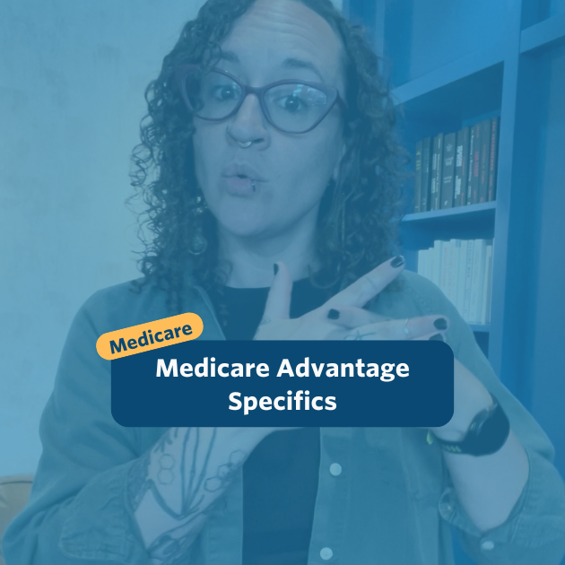 The post has a video thumbnail with blue shading overlaid. The top middle has "Medicare: Comparing Plans” in white text with light blue background, accompanied by a yellow bubble with “Medicare” in blue. In the video: A nonbinary person with long, curly brown hair stands in front of the camera. Behind them is a light brown leather couch and a blue built-in bookshelf wall. They are wearing jeans, a charcoal shirt layered with a forest green vest, and a black bolo tie featuring a gold bee.