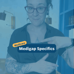 The post has a video thumbnail with blue shading overlaid. The top middle has "Medicare: Medigap Specifics” in white text with light blue background, accompanied by a yellow bubble with “Medicare” in blue. In the video, a nonbinary person with long, curly brown hair tied in a ponytail stands in front of the camera. Behind them is a light brown leather couch and a blue built-in bookshelf wall. They are wearing black pants, a dark purple shirt layered with a black linen button-up, and round gold moon earrings.