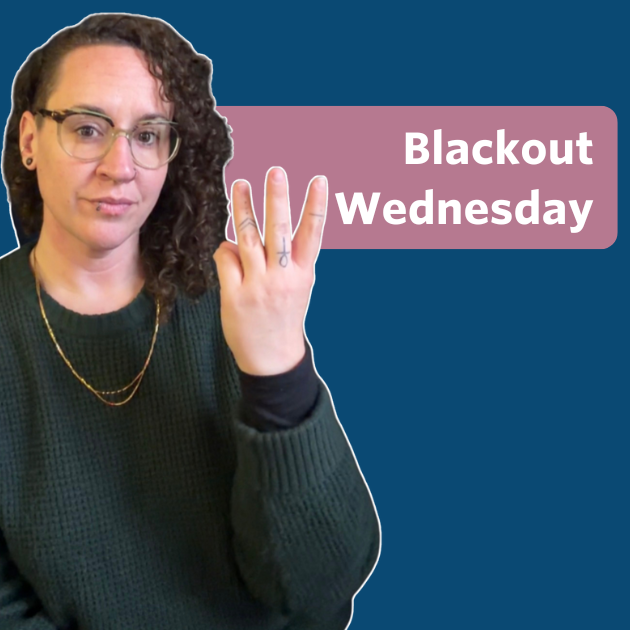 The video thumbnail features a text bubble in the center that reads ‘Blackout Wednesday’ in white text on a rose-colored background. In the video, a white nonbinary person (Bee) is signing to the camera. Bee has brown curly hair worn down, and is wearing pants, a forest green sweater, and two gold chain necklaces.