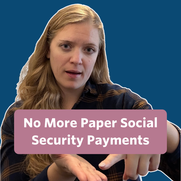 The post has a video thumbnail. The middle has a text bubble that reads “No More Paper Social Security Payments” in white text with rose background. In the video, a woman with blonde wavy hair is sitting in front of the camera with shelves, books, and decorative items behind her. She is wearing a navy blue and mustard yellow plaid button-up shirt.