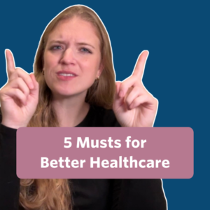 The post has a video thumbnail with blue shading overlaid. The middle has a text bubble that reads “5 Musts for Better Healthcare” in white text with rose background. In the video, a woman with blonde wavy hair is sitting in front of the camera. She is wearing a black top.