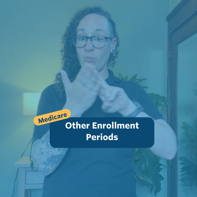 The post has a video thumbnail with blue shading overlaid. The top middle has "Medicare: Other Enrollment Periods” in white text with light blue background, accompanied by a yellow bubble with “Medicare” in blue. In the video: A nonbinary person with long, curly brown hair shaved on the right side of their head stands in front of the camera. Behind them is a light wooden entry table with a potted monstera plant set against a green wall. They are wearing black pants and a black polo top.