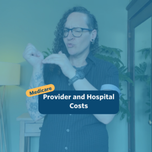 The post has a video thumbnail with blue shading overlaid. The top middle has "Medicare: Provider and Hospital Coverage” in white text with light blue background, accompanied by a yellow bubble with “Medicare” in blue. In the video: A nonbinary person with long, curly brown hair that is shaved on the right side of their head stands in front of the camera. Behind them is a light wooden entry table with a potted monstera plant set against a green wall. They are wearing black pants, a black button down shirt over a gray top, and glasses.